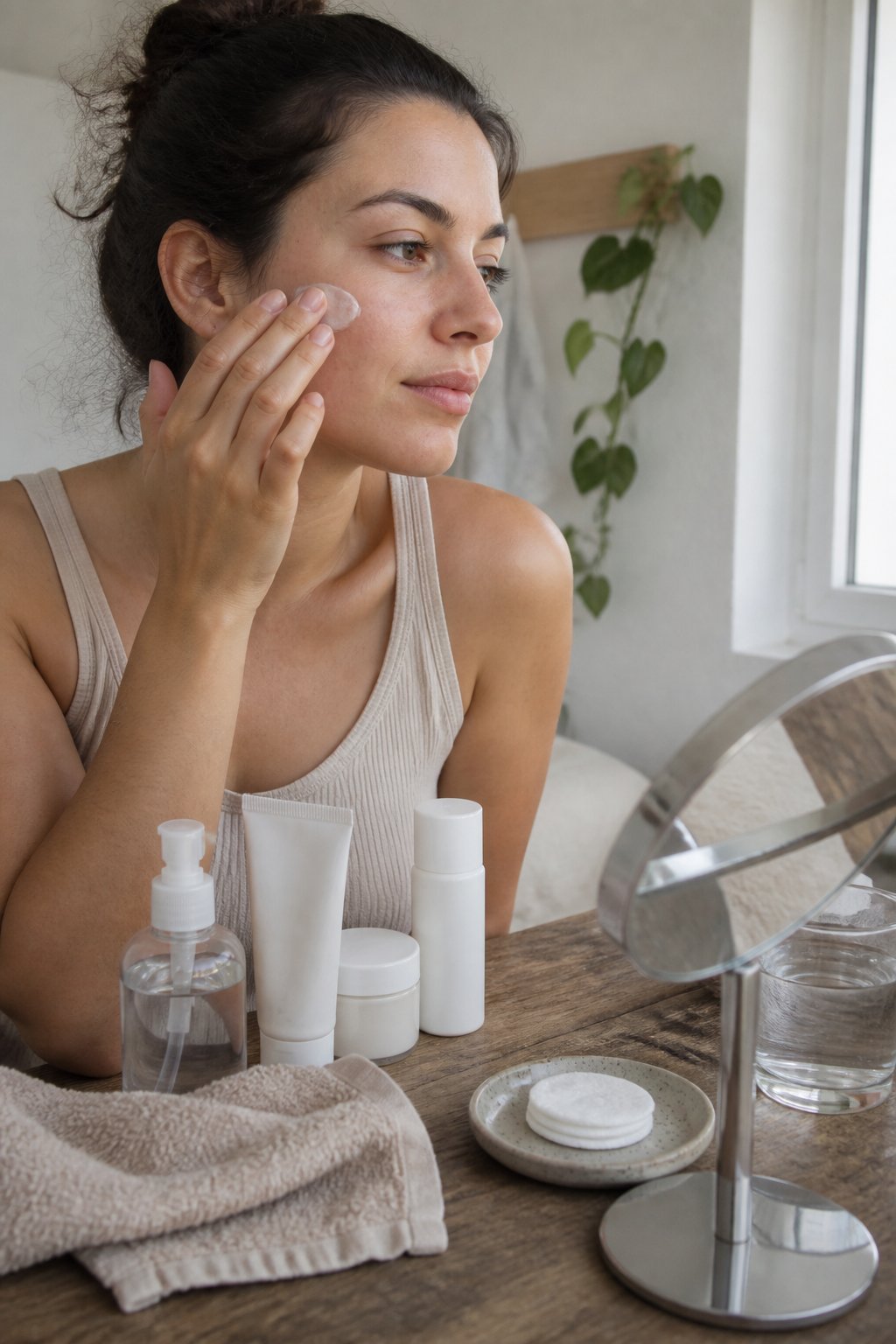 A person applies moisturizer beside a simple collection of skincare items on a sunlit bathroom counter.