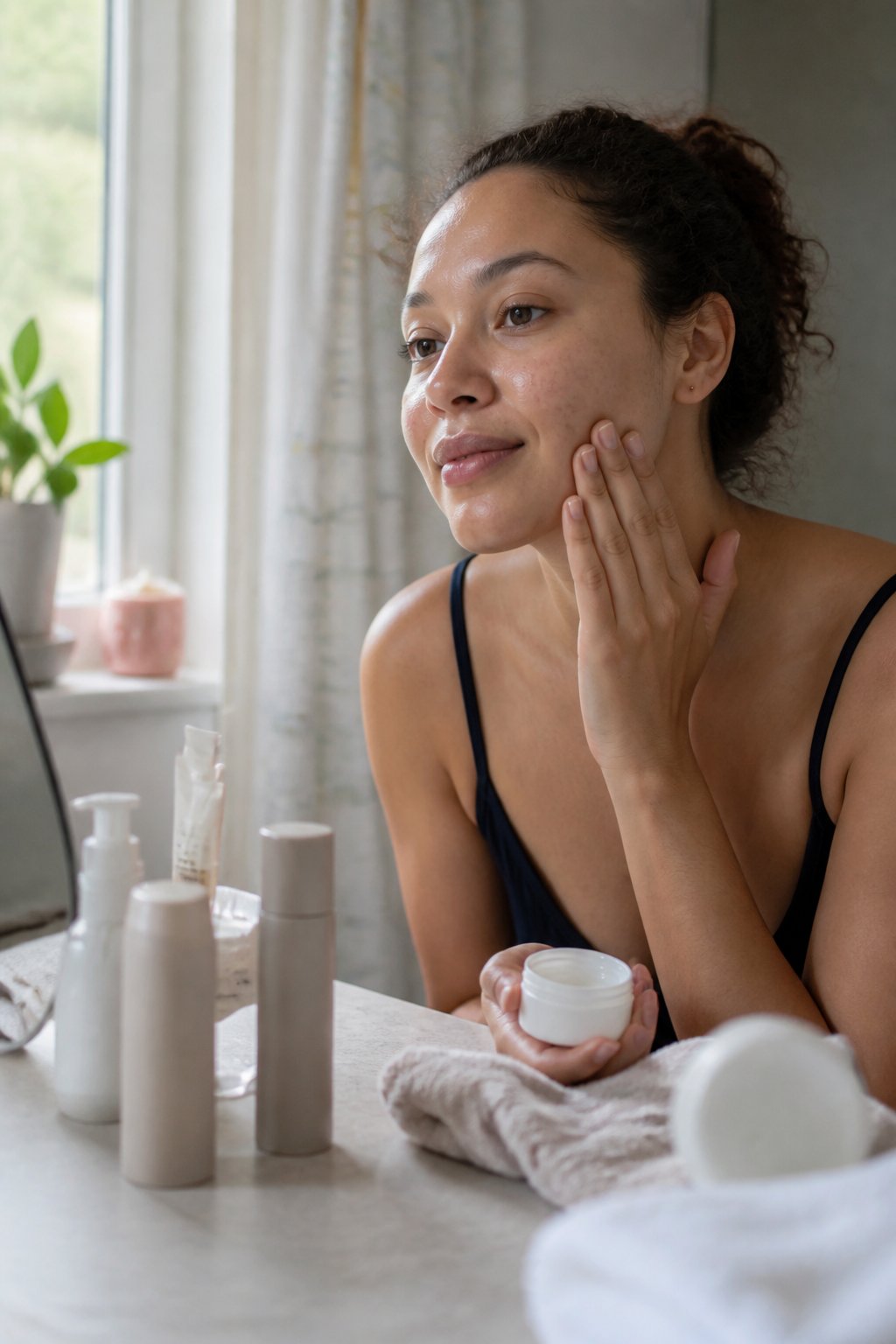 A person applies skincare beside a naturally lit bathroom vanity with clean everyday products and a towel nearby.