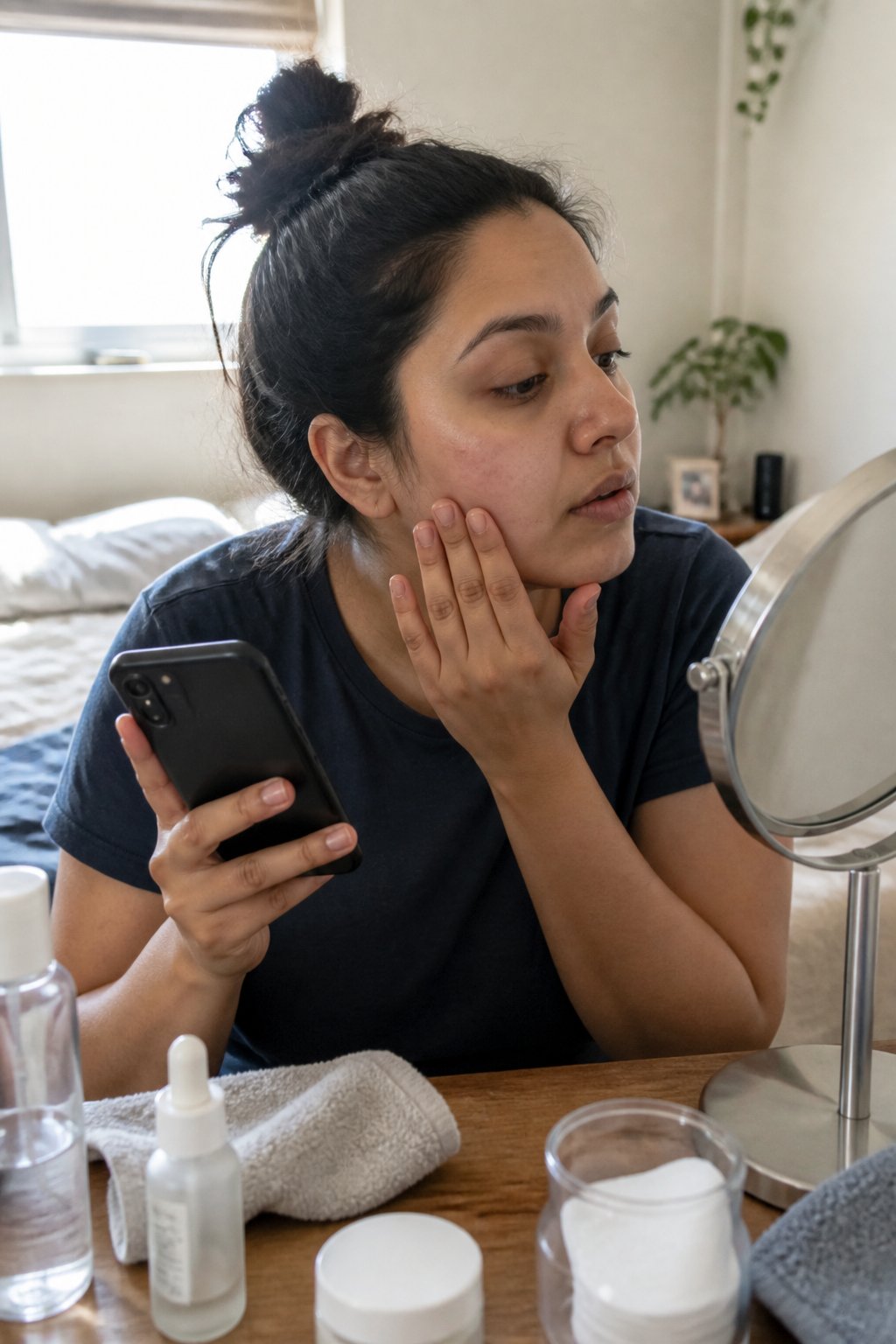 A person examines their skin in a small mirror beside simple skincare items and a phone in a softly lit room.