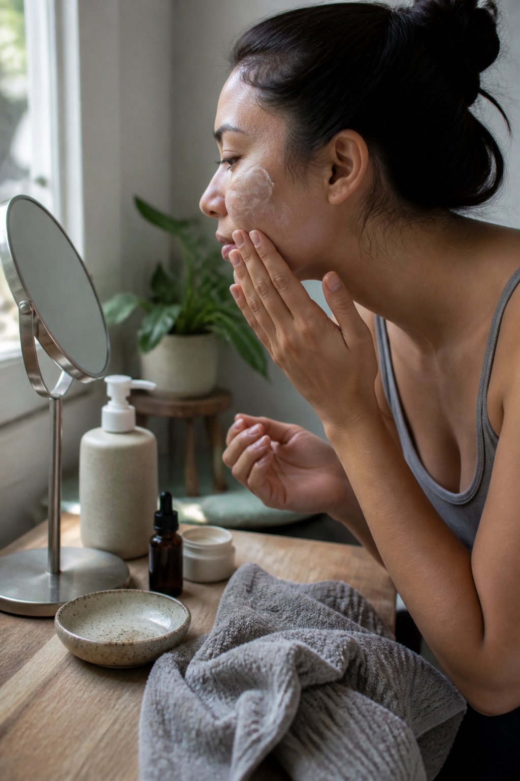 A person washes their face beside a naturally lit bathroom vanity with simple skincare items and a folded towel.