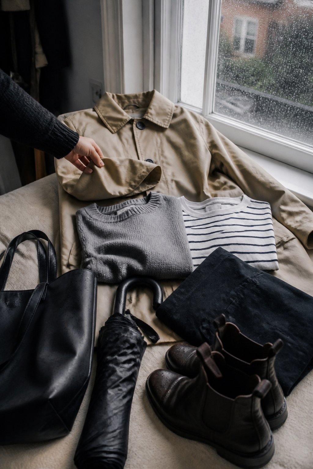 Rainy-day clothing and accessories are arranged near a window, including a raincoat, sweater, trousers, boots, umbrella, and tote bag.