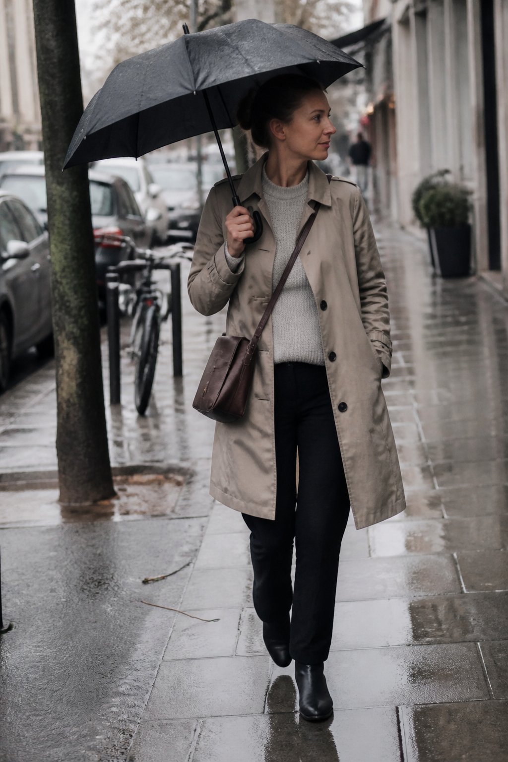 A person wearing a neutral waterproof trench coat walks along a wet city sidewalk in light rain.