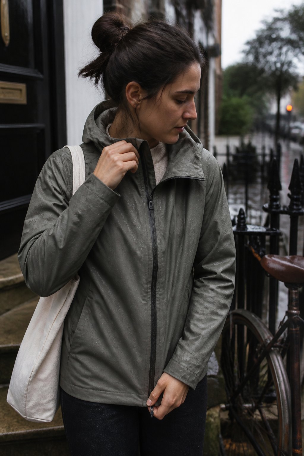 A person wearing a lightweight waterproof jacket walks along a wet street in light rain.