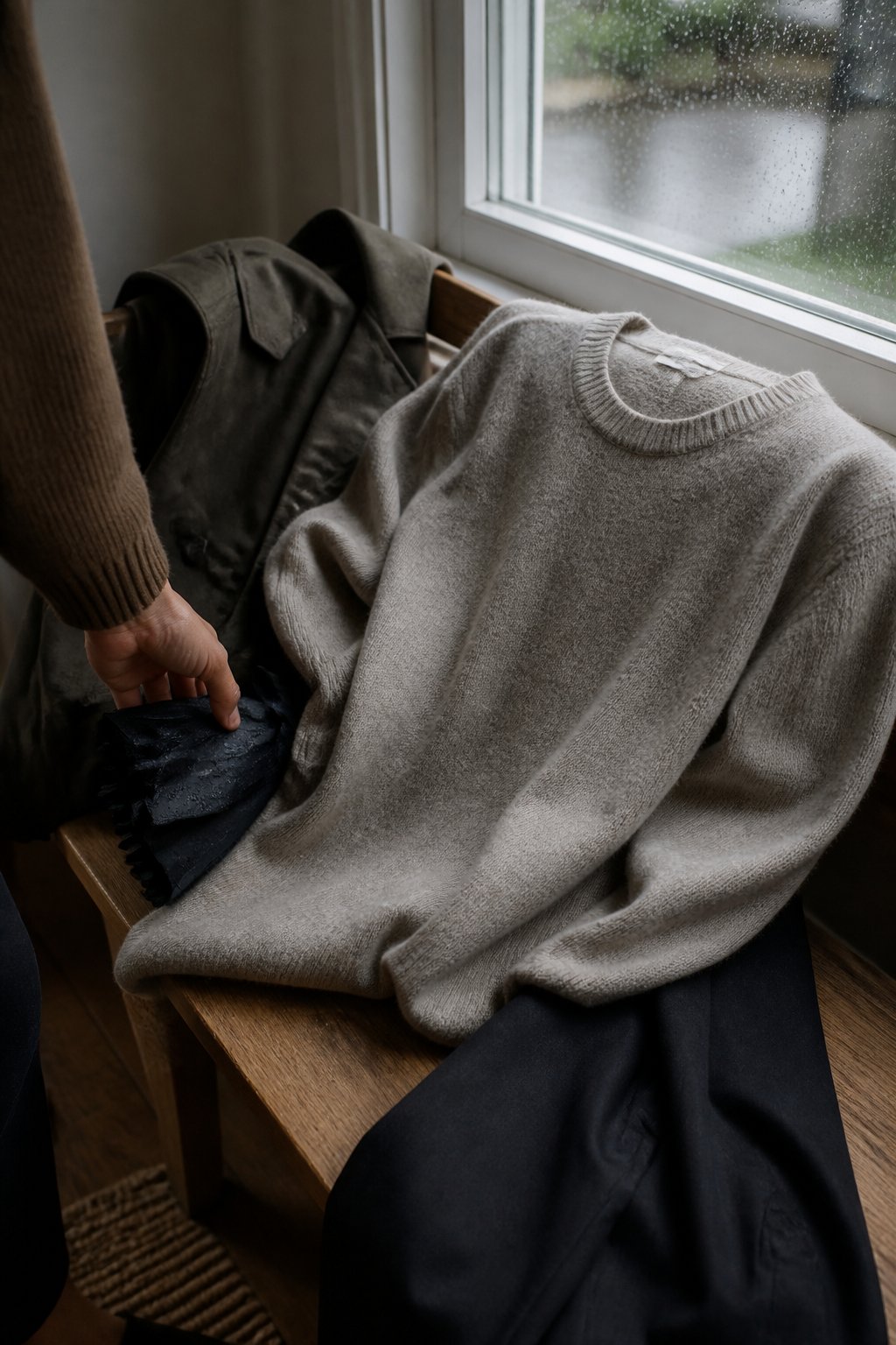 A merino wool crew-neck sweater rests beside a raincoat and umbrella near a rainy window.