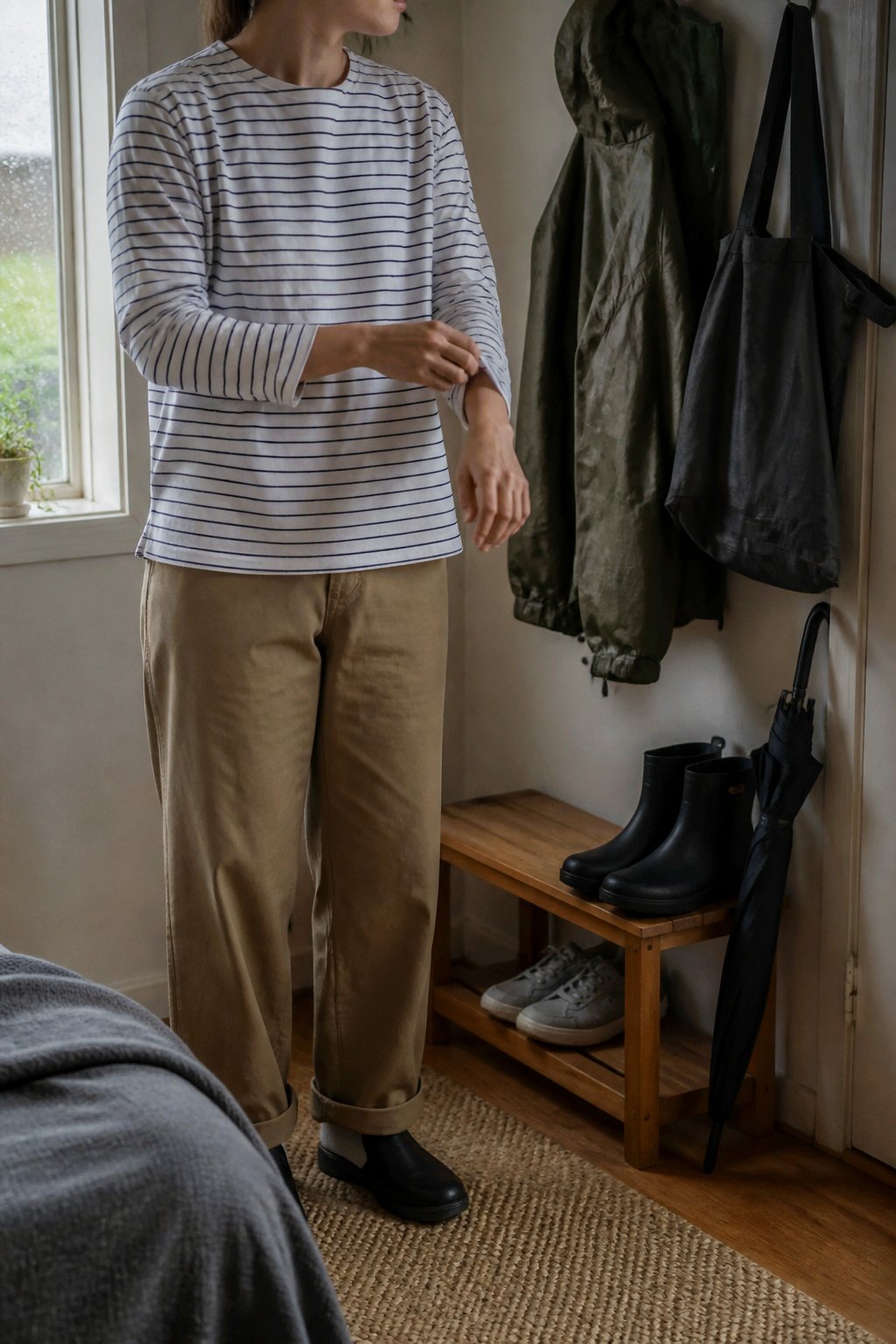 A person prepares to wear a striped shirt beside rainwear, an umbrella, and waterproof shoes.