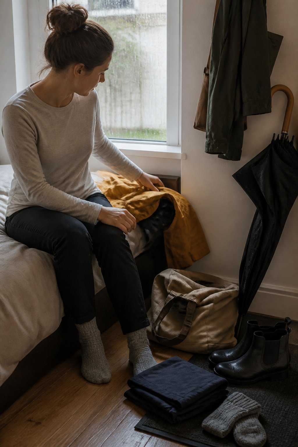 A person prepares a cotton long-sleeve shirt and rainwear near a window on a rainy day.