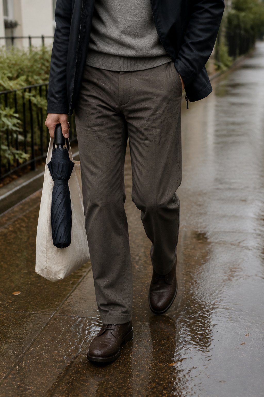 A person wearing neutral straight-leg trousers walks along a damp sidewalk on a rainy day while carrying an umbrella and tote bag.
