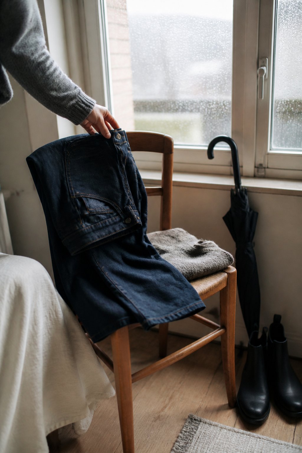 Dark denim jeans, a sweater, boots, and an umbrella arranged near a rainy window.