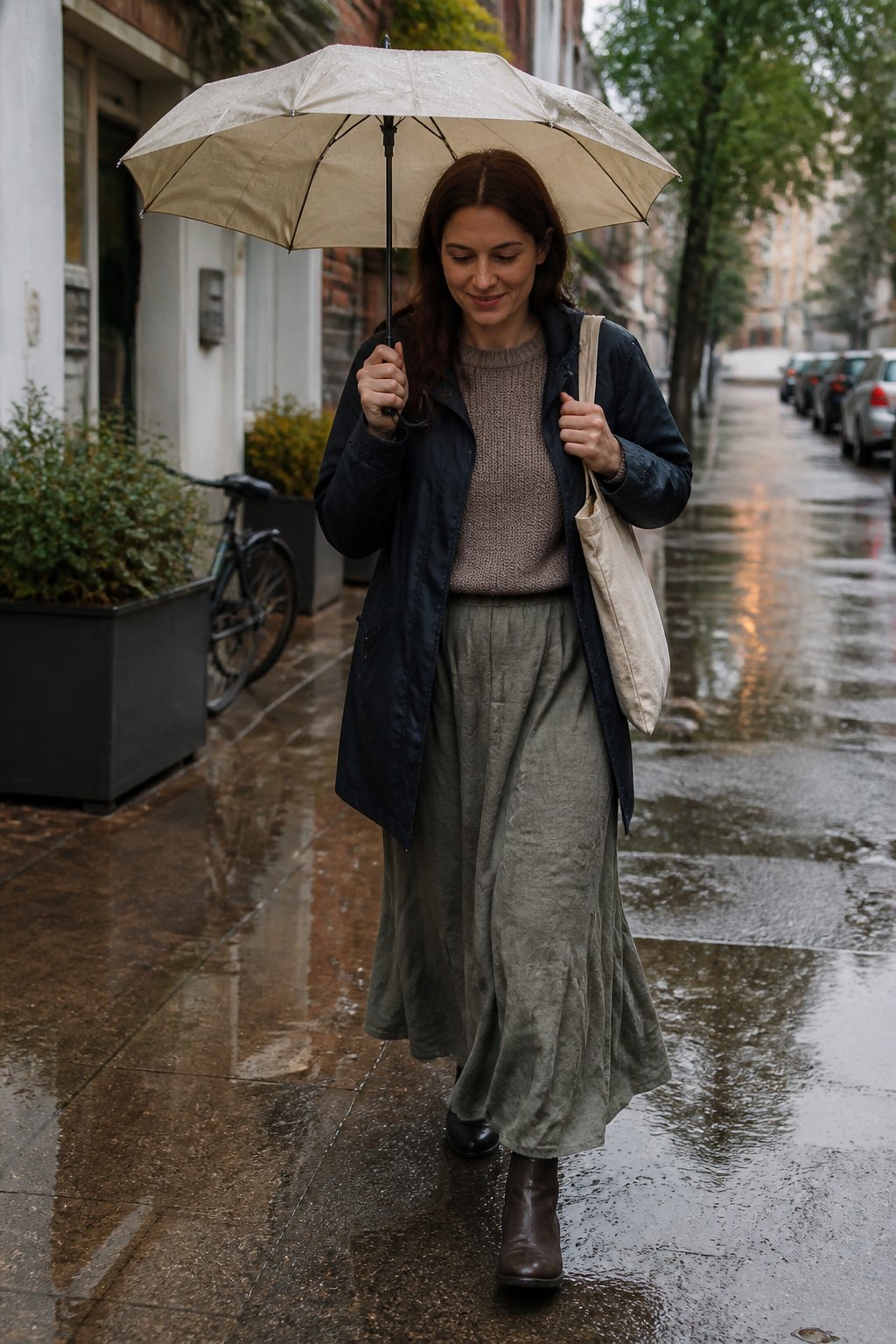 A woman wearing an ankle-length midi skirt and rain jacket walks with an umbrella on a wet sidewalk.
