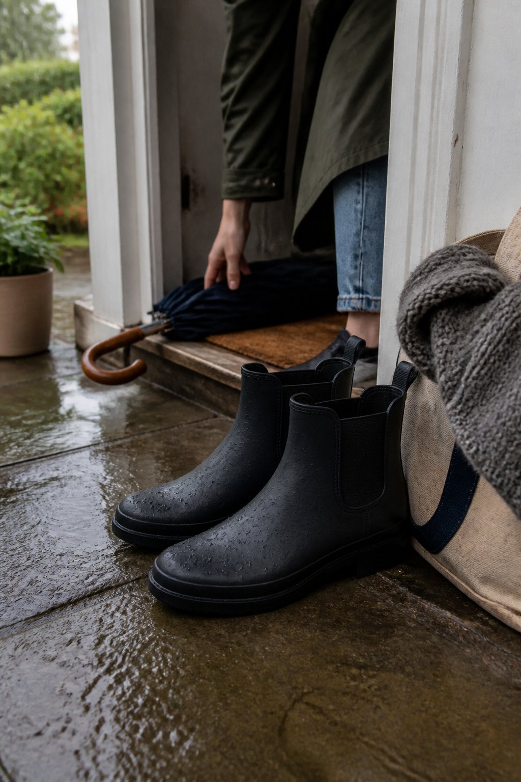 A pair of waterproof Chelsea rain boots sits by a home entrance beside a folded umbrella and raincoat on a wet day.
