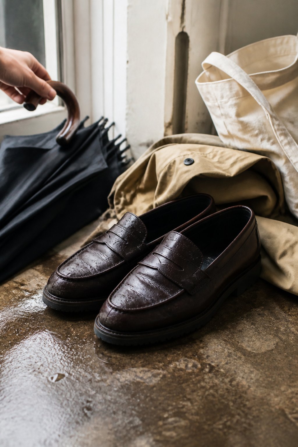 A pair of leather loafers sits beside a folded rain jacket, canvas tote, and umbrella in a bright entryway.