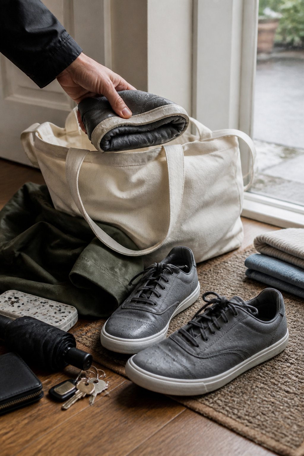 Packable waterproof sneakers are being placed into a tote beside rain gear near a home entrance.