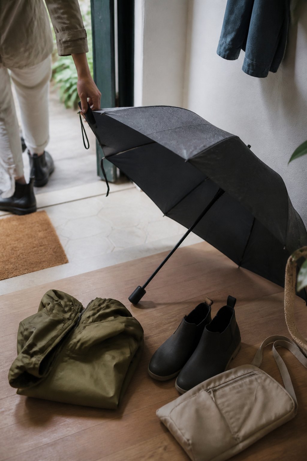 A compact automatic umbrella rests beside a folded rain jacket, water-resistant shoes, and an everyday bag near a home entryway.