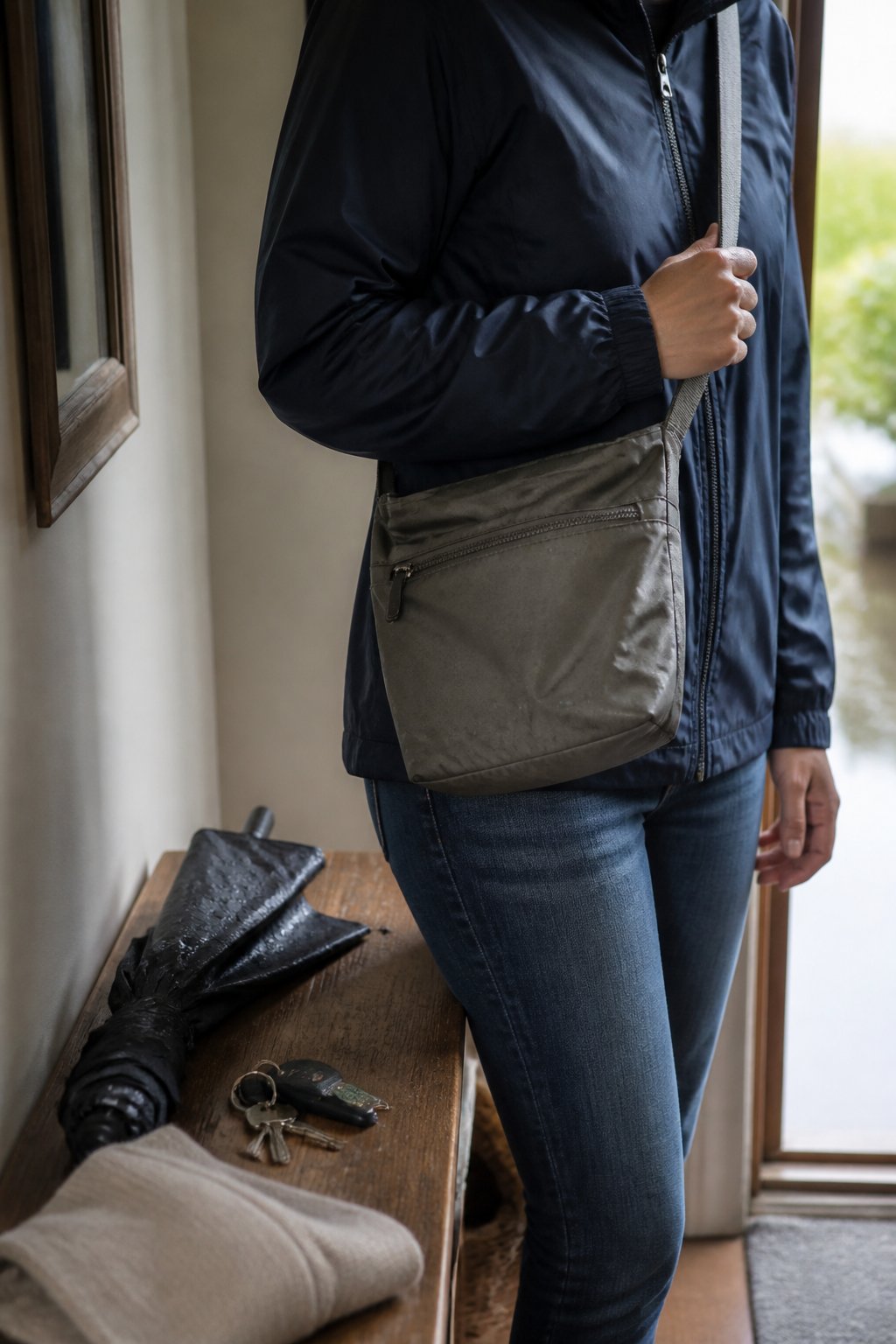 A water-resistant crossbody bag sits on an entryway bench beside a damp umbrella and rain jacket.