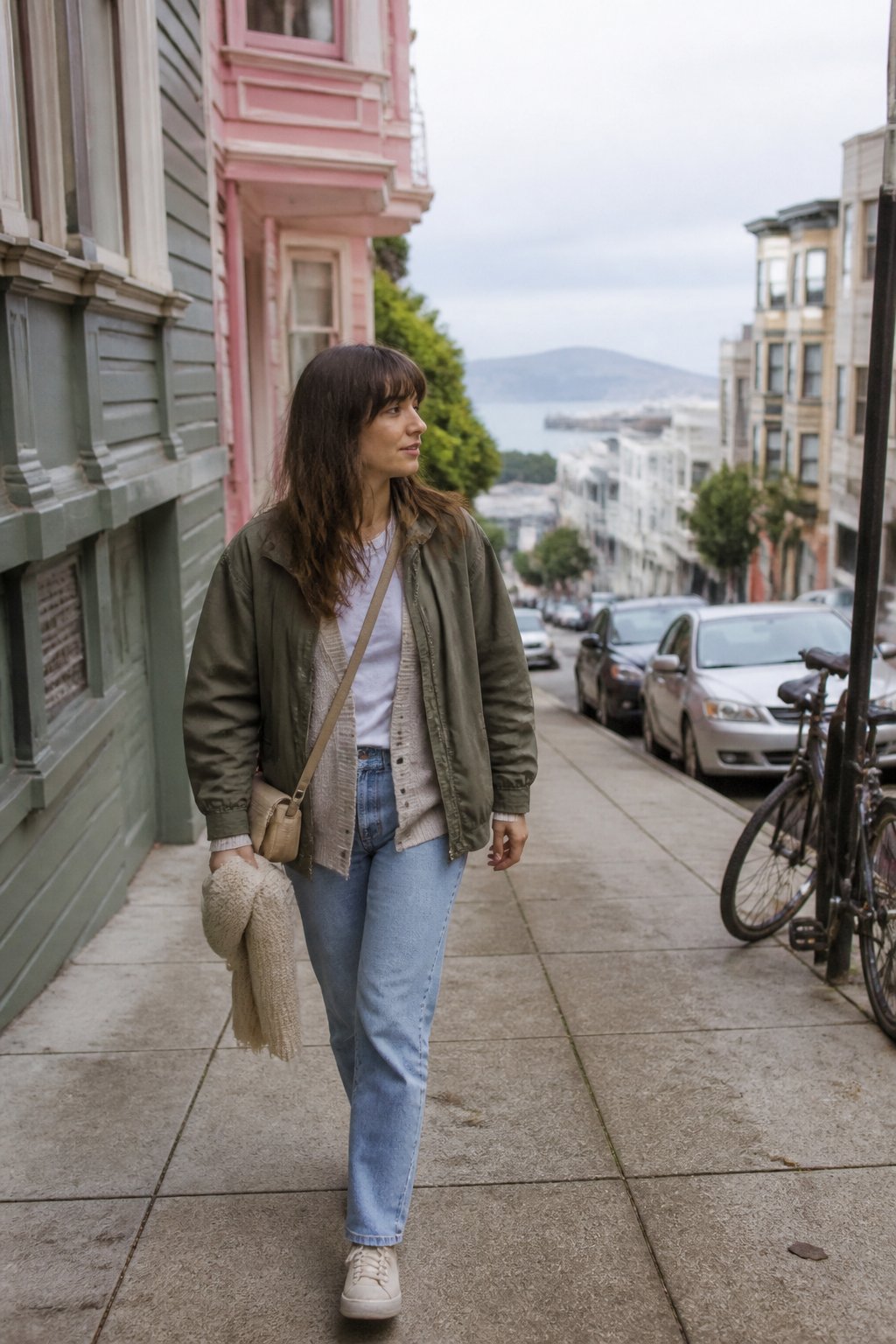 A casually dressed person walks along a hilly San Francisco sidewalk wearing layered clothing and carrying a bag.