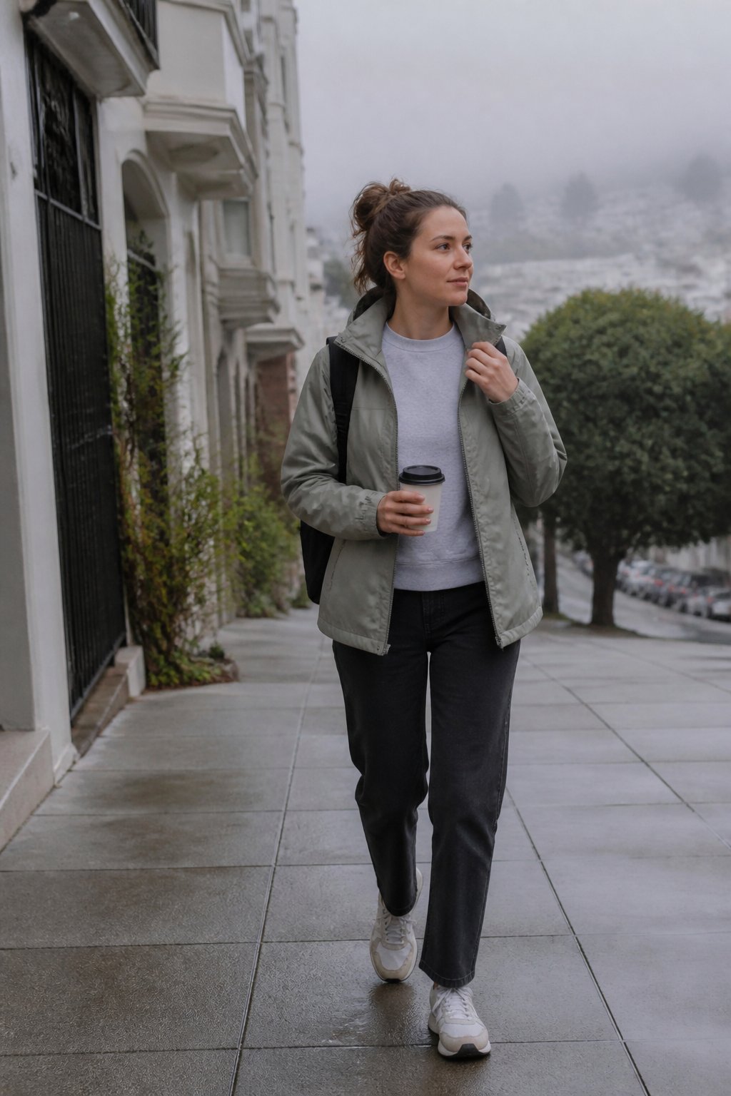 A person wearing a lightweight hooded windbreaker walks along a foggy San Francisco sidewalk.