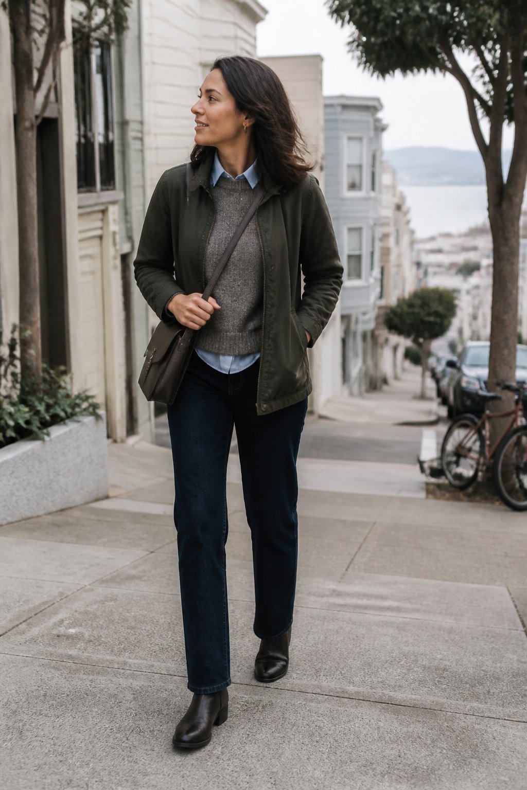 A person wearing dark straight-leg jeans walks along a sloping San Francisco street.