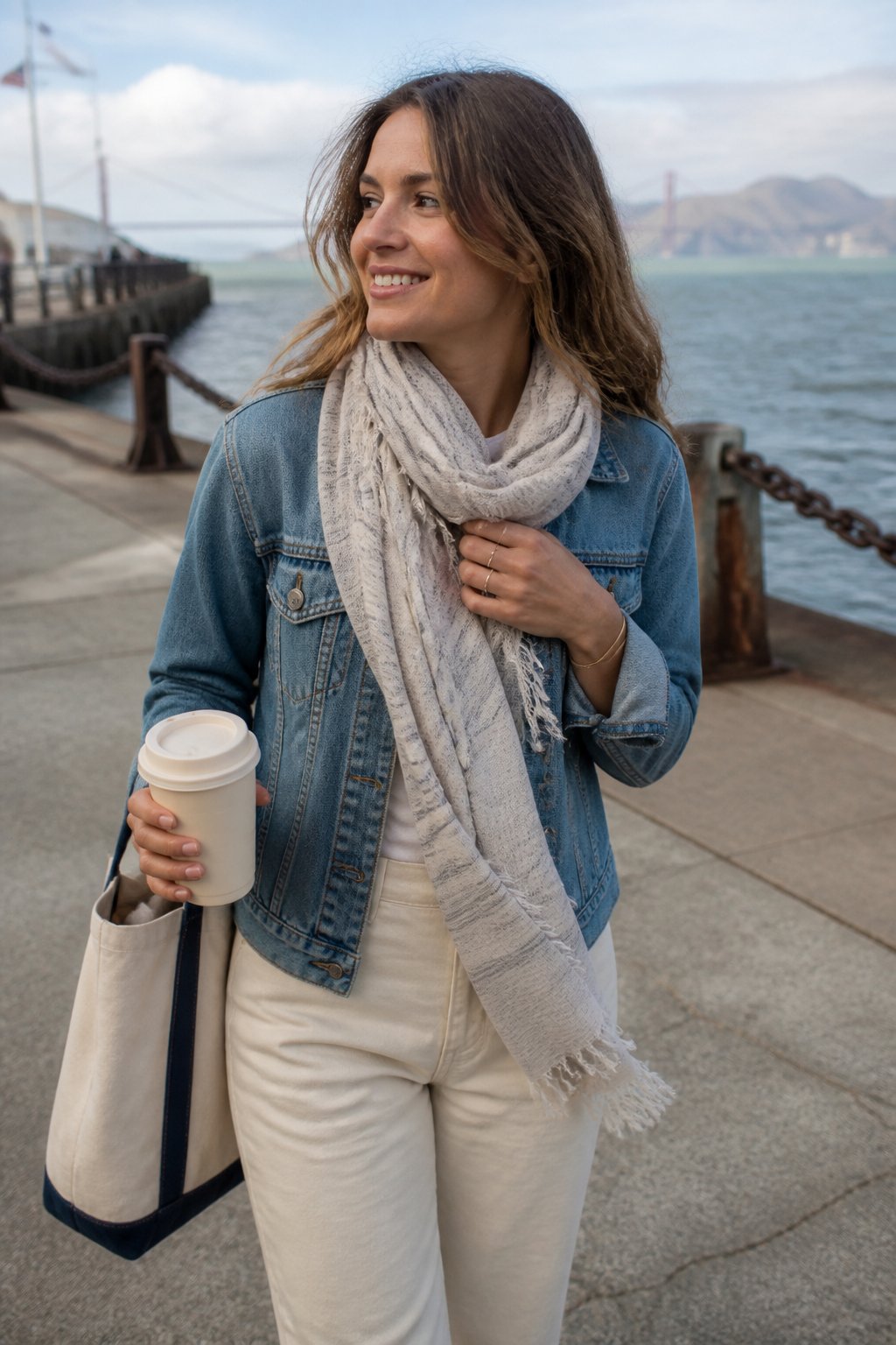 A person wearing a lightweight scarf walks along a cool San Francisco waterfront promenade.