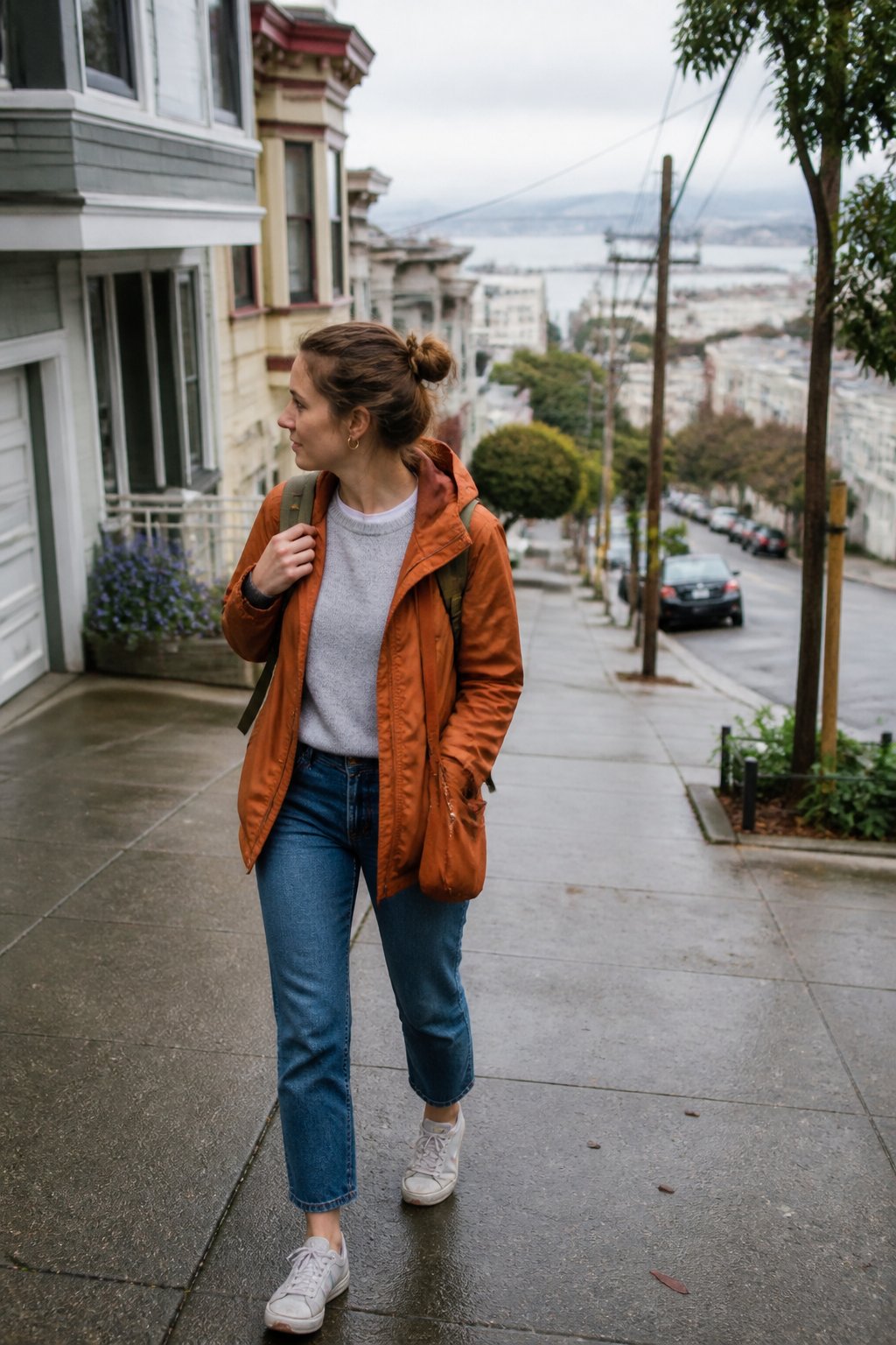 A person wearing a lightweight rain jacket walks along a damp San Francisco street with a small backpack.