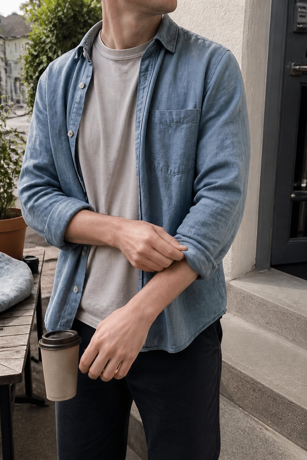 A person wearing a relaxed button-down shirt over a T-shirt on a San Francisco neighborhood street.