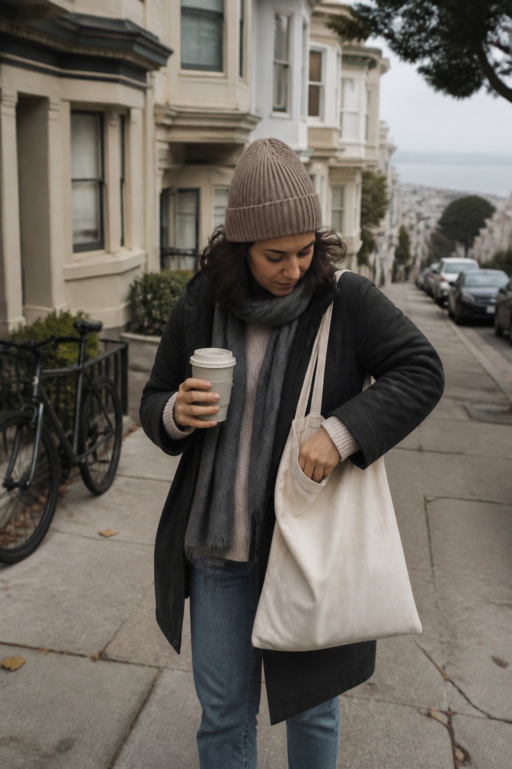 A person wearing a warm knitted beanie and layered winter clothing walks along a San Francisco neighborhood street.