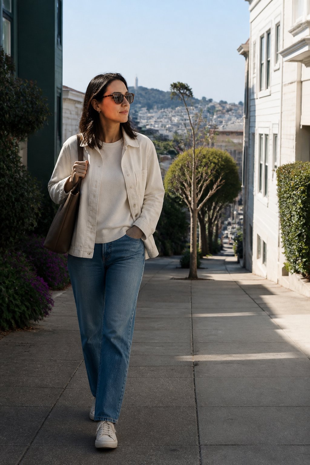 A casually dressed person wearing sunglasses while walking along a sunny San Francisco sidewalk.