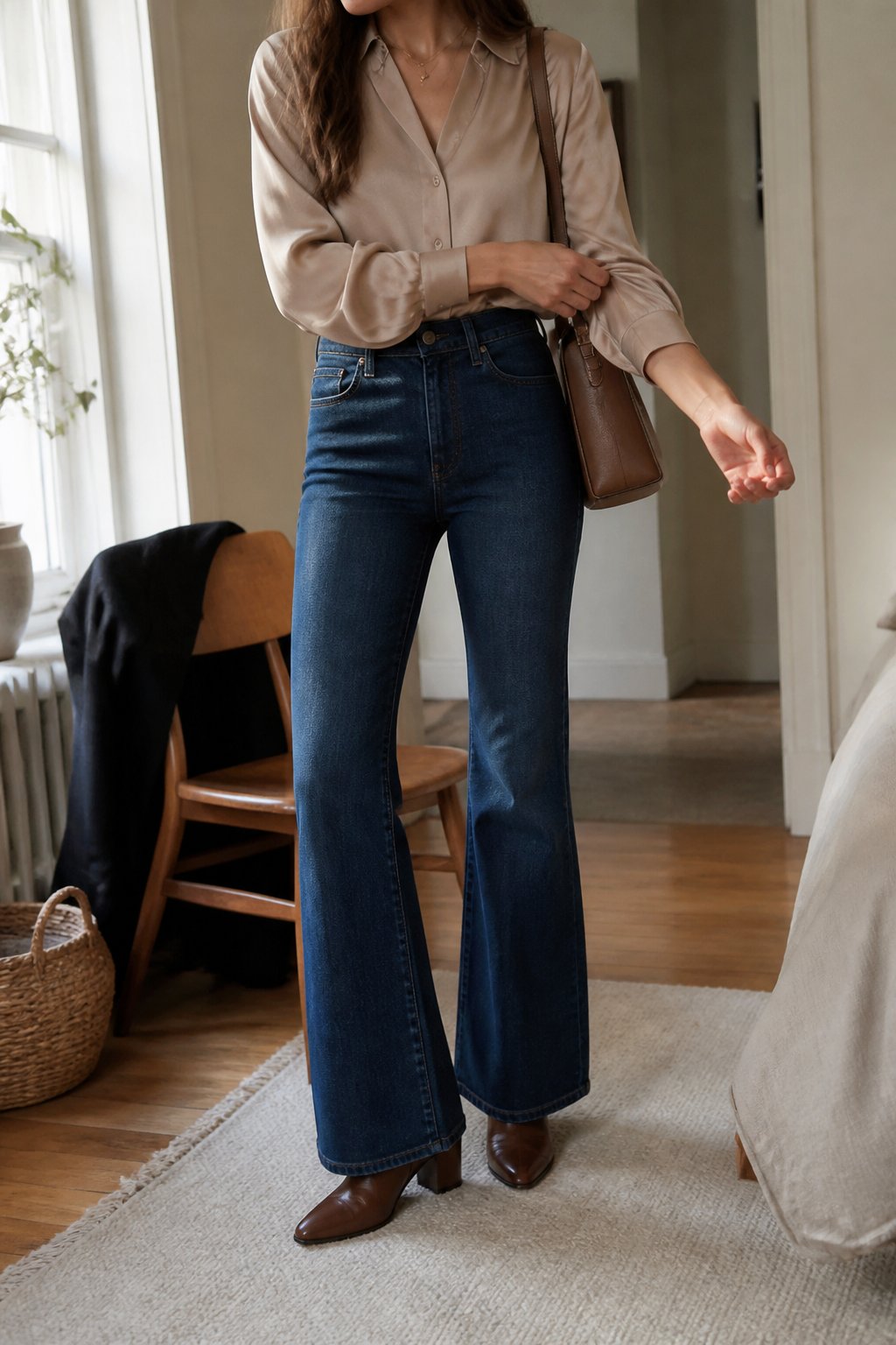 A woman wears bell-bottom jeans with a draped silk blouse and heeled ankle boots in a softly lit room.