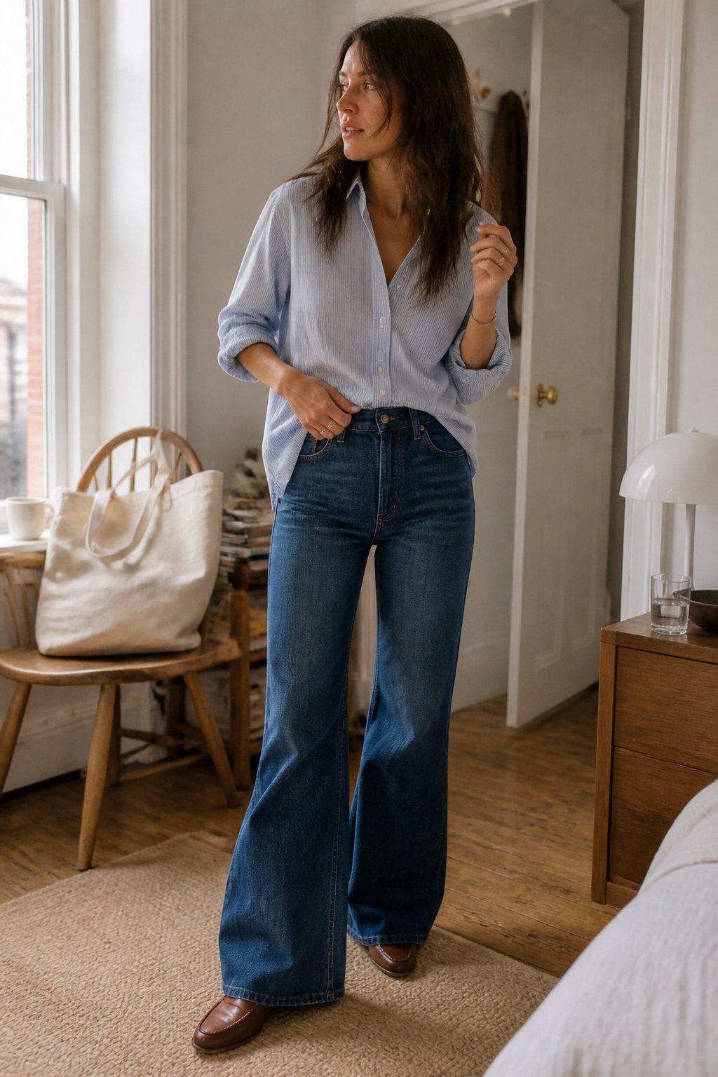 A woman wears an oversized button-down shirt, bell-bottom jeans, and leather loafers in a sunlit casual interior.