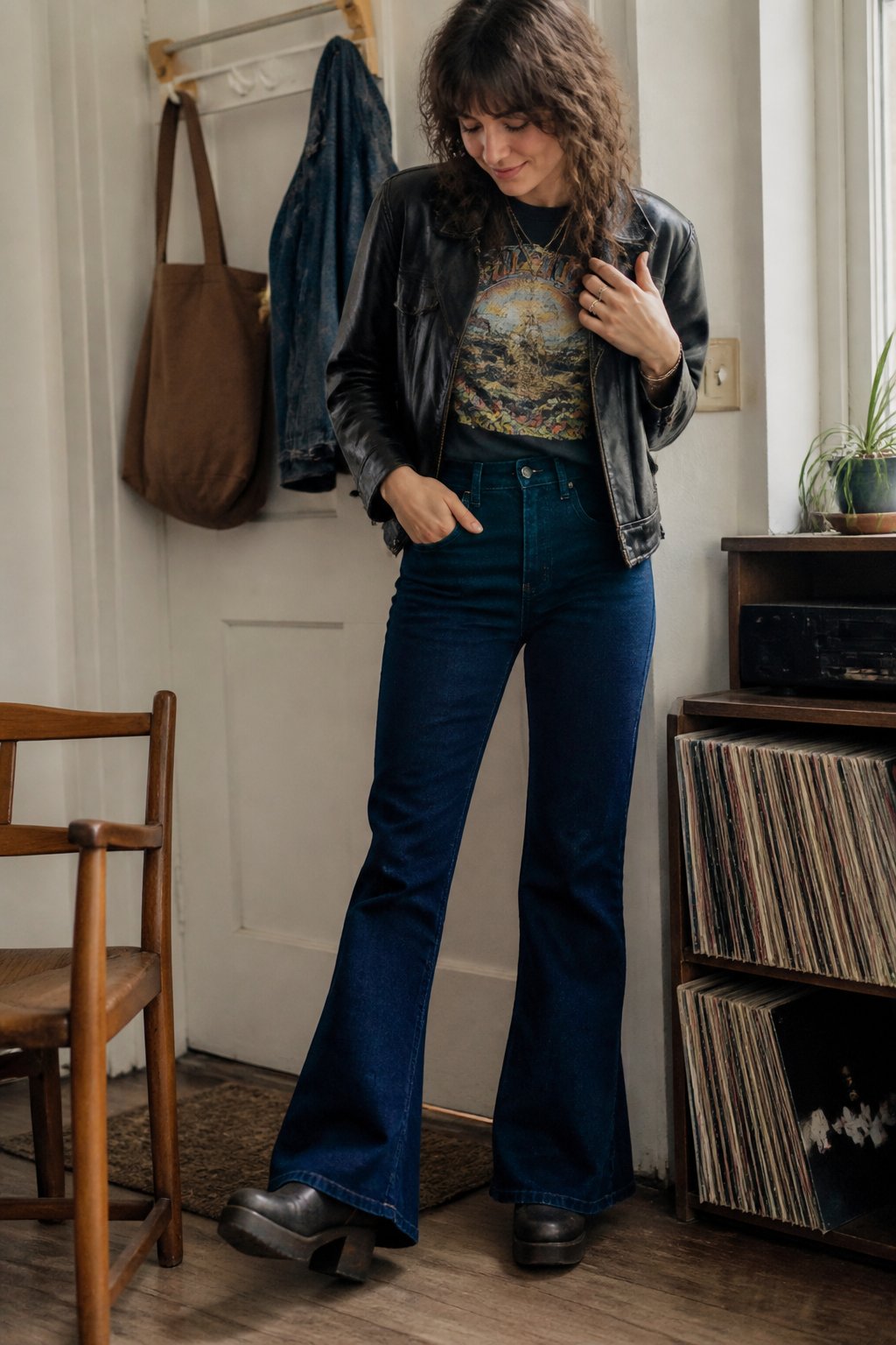 A person wears bell-bottom jeans with a graphic T-shirt, leather jacket, and boots in a casual indoor setting.