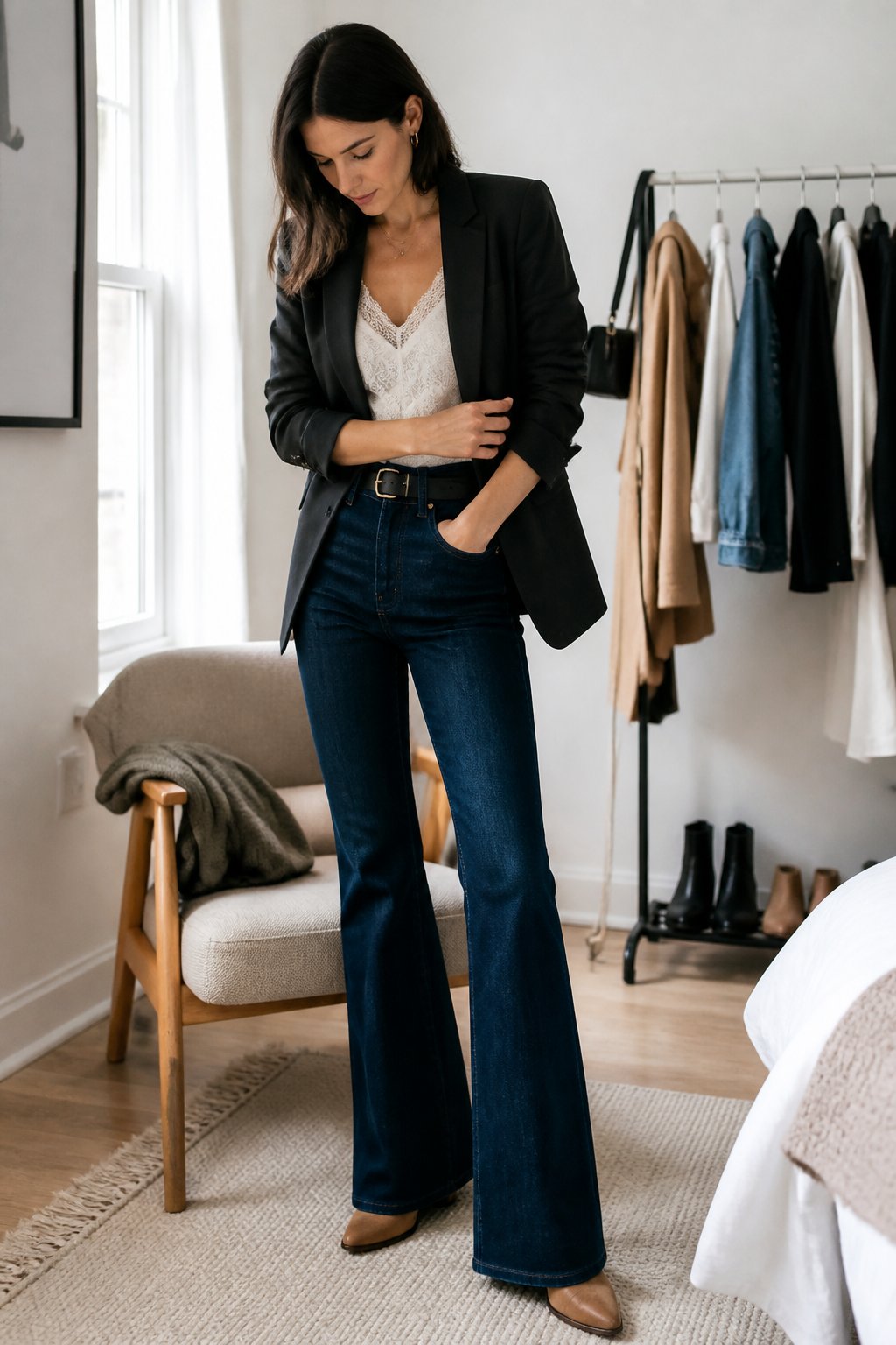 A woman wears dark bell bottom jeans with a lace camisole, tailored blazer, and ankle boots in a bright room.