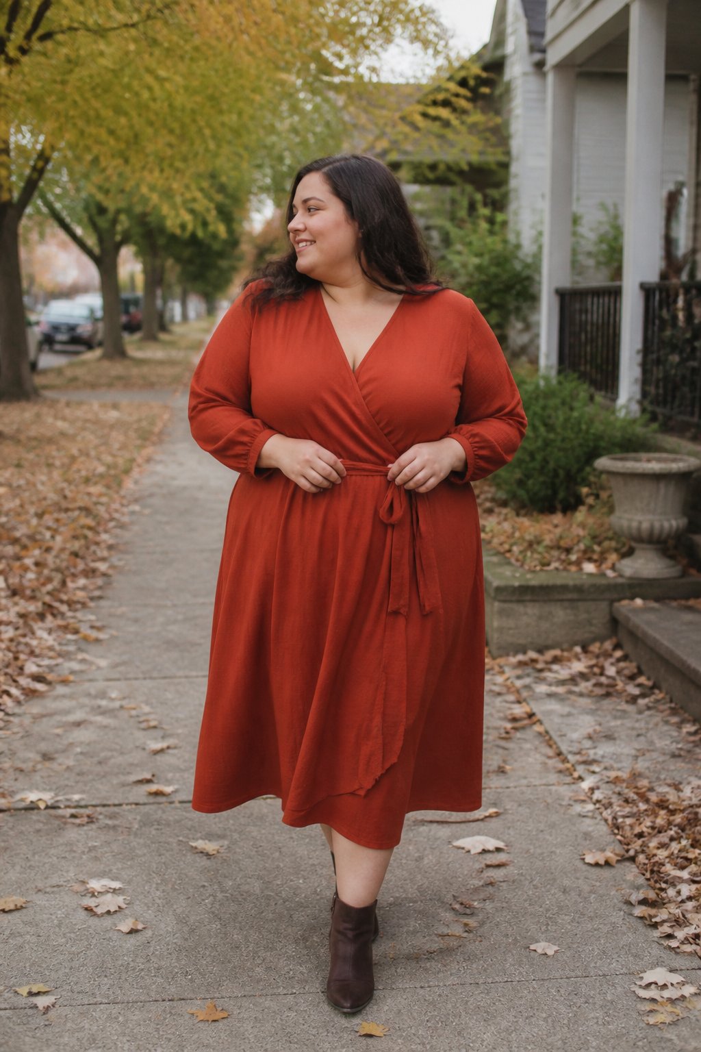 A plus-size woman wearing a rust wrap dress and brown ankle boots outdoors in an autumn setting.