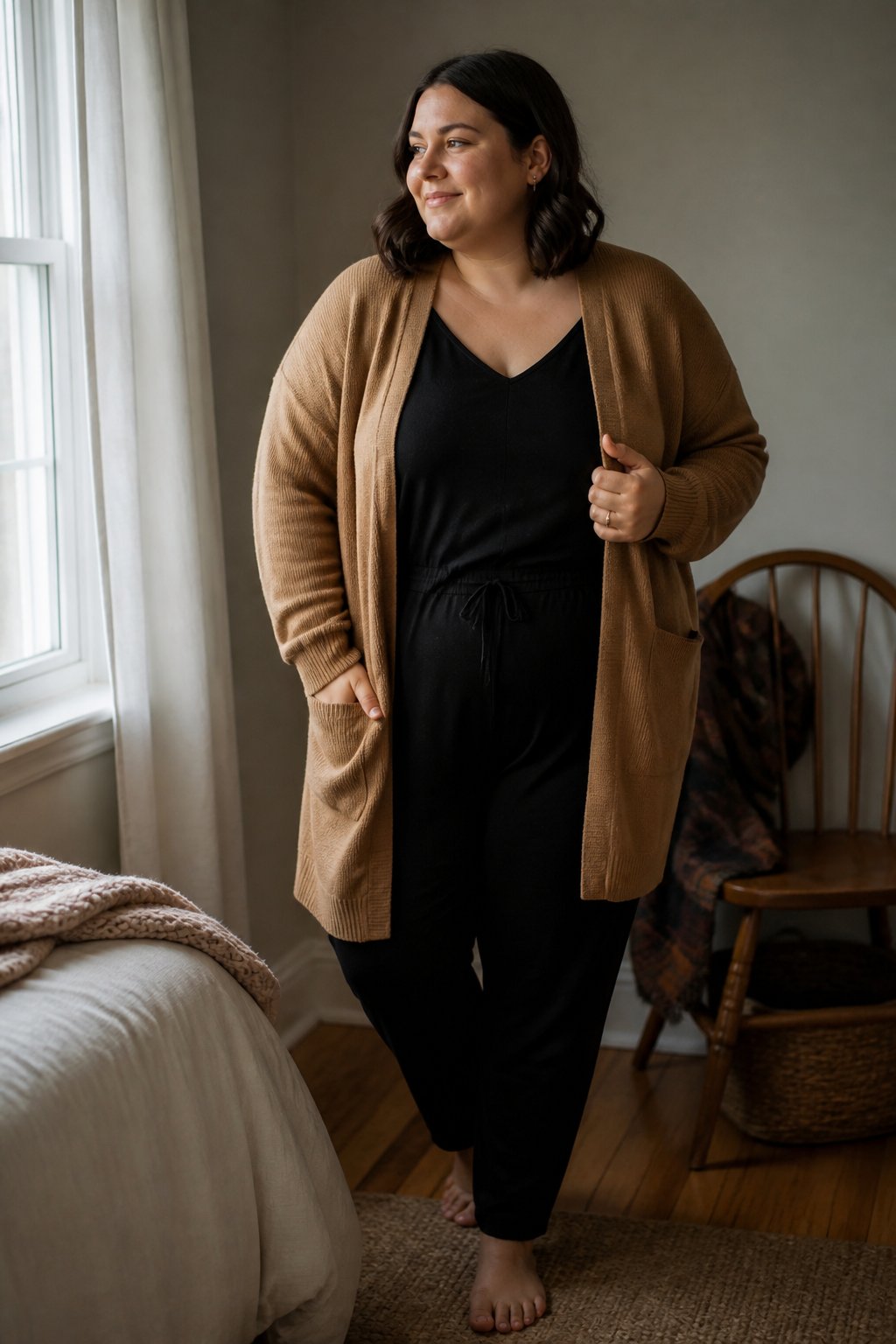 A plus-size woman wears a camel cardigan over a black jumpsuit in a softly lit home interior.
