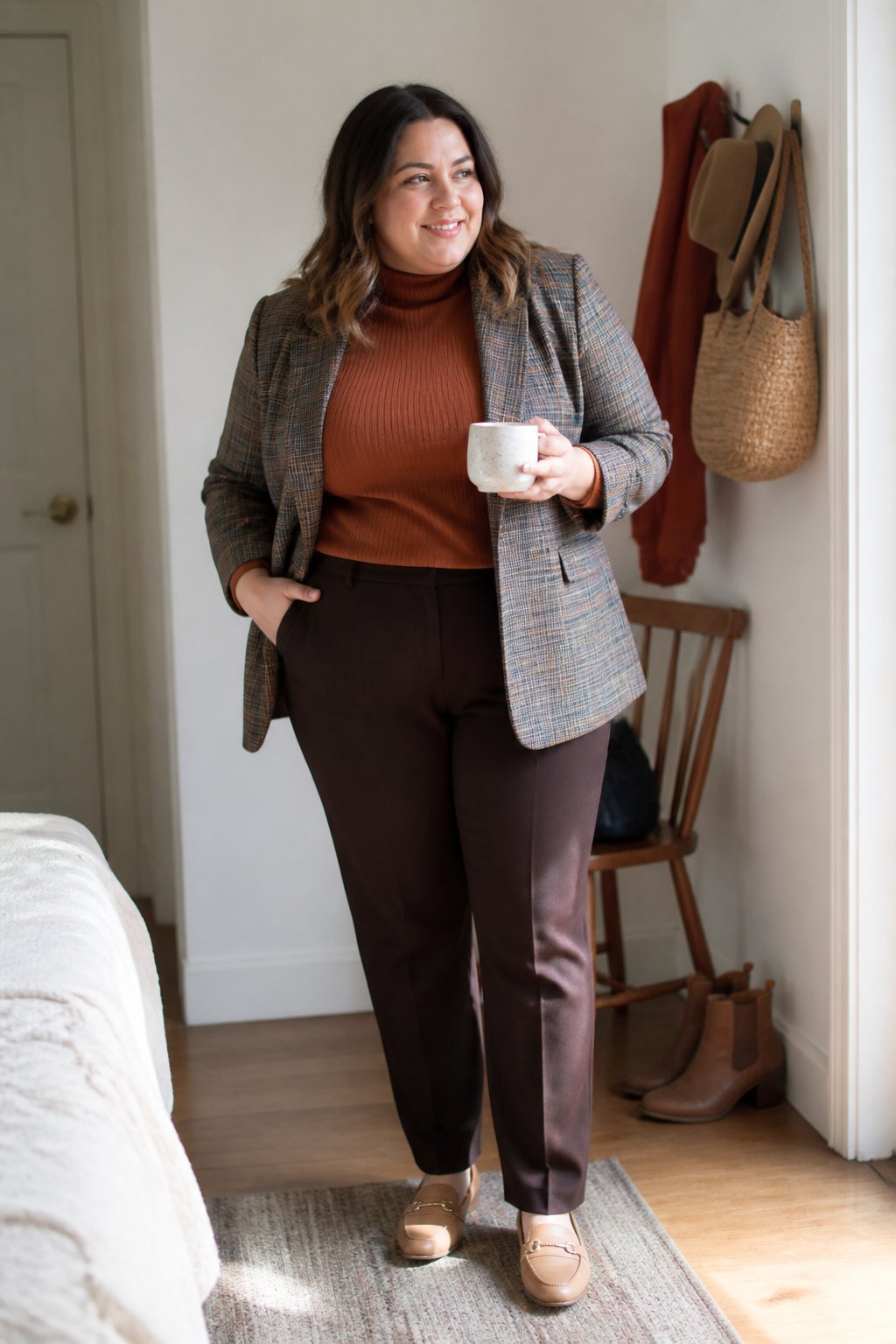 A plus-size woman wears a plaid blazer, fitted turtleneck, and trousers in a softly lit home setting.