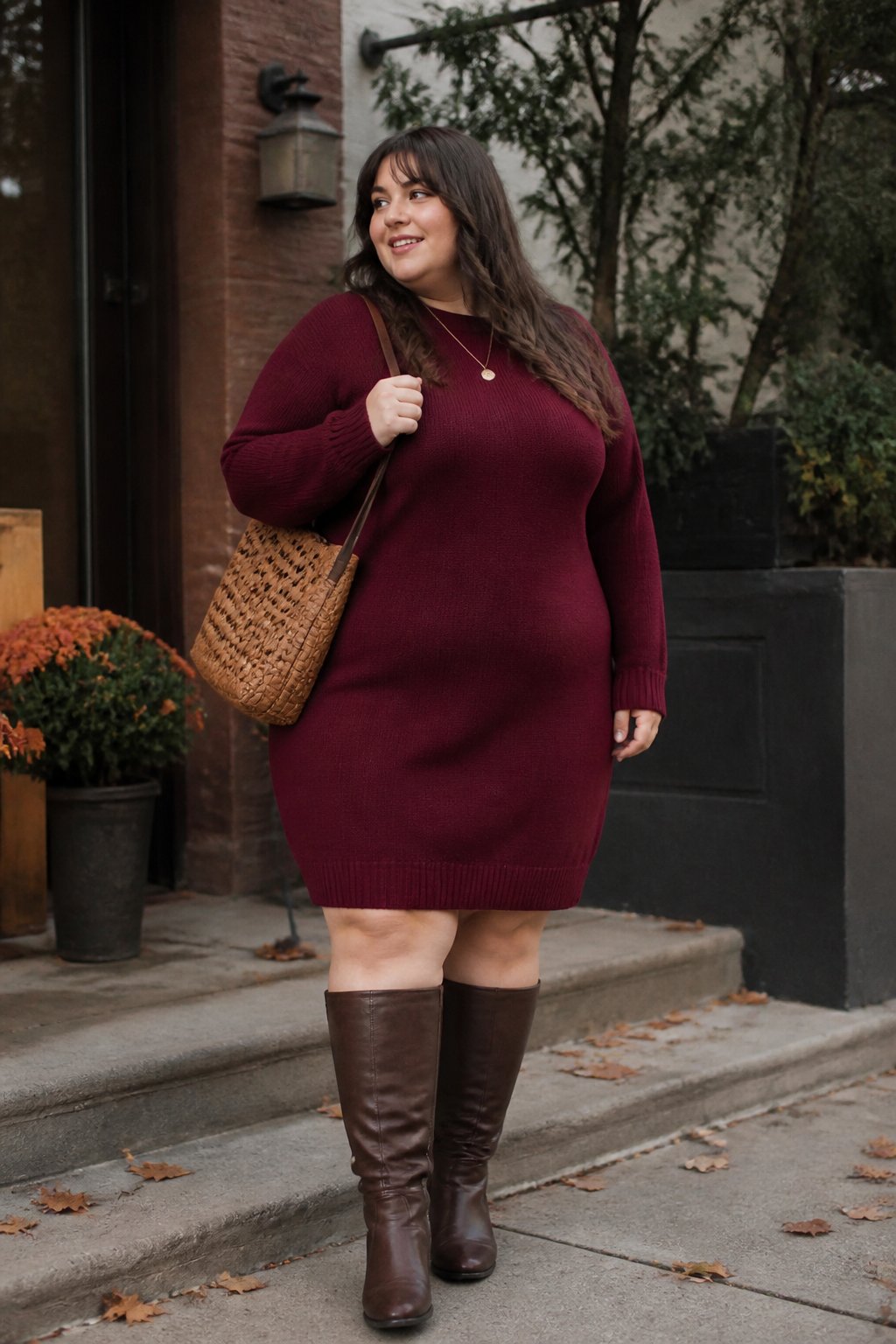 A plus-size woman wears a burgundy sweater dress with brown knee-high boots in an autumn setting.