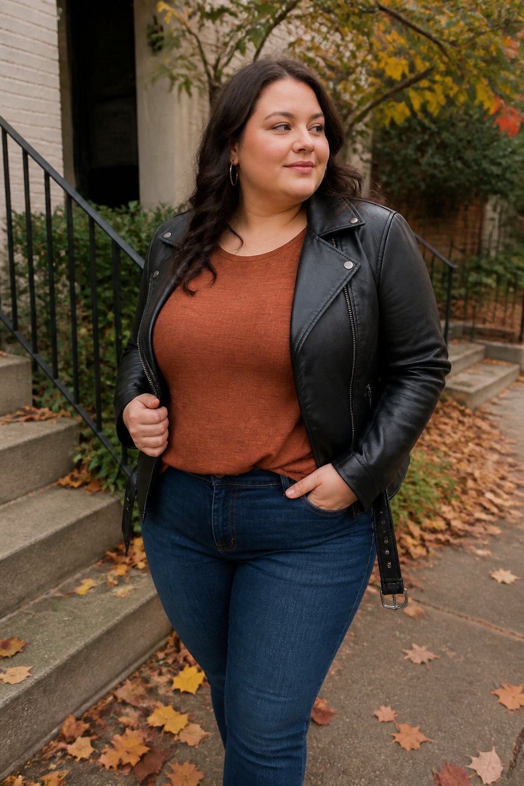 A plus-size woman wears a black leather jacket, cinnamon-colored top, and jeans outdoors in autumn.