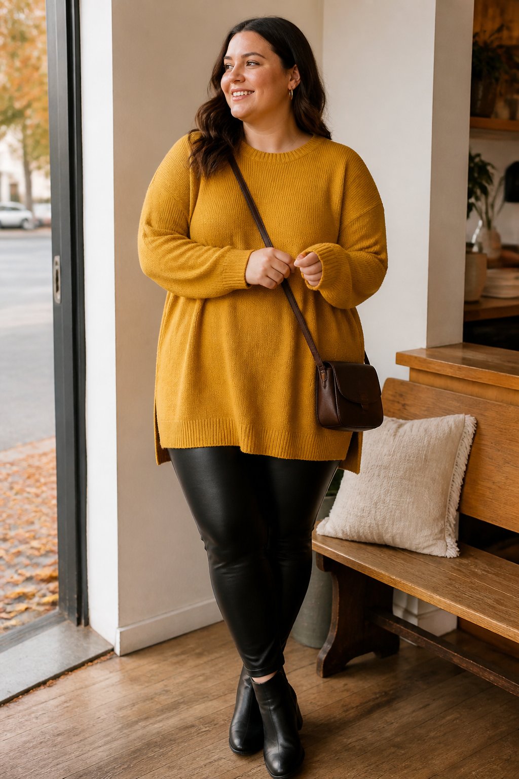A plus-size woman wears a mustard tunic sweater and black faux-leather leggings in a bright autumn entryway.