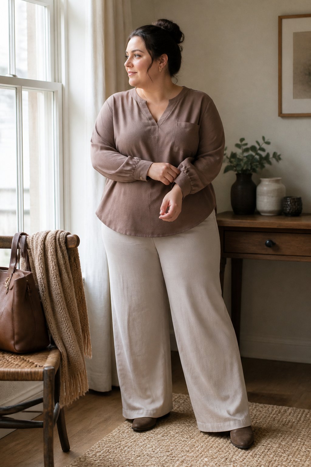 A plus-size woman wearing a warm taupe blouse and wide-leg trousers stands in a softly lit home beside a wooden chair and autumn accessories.