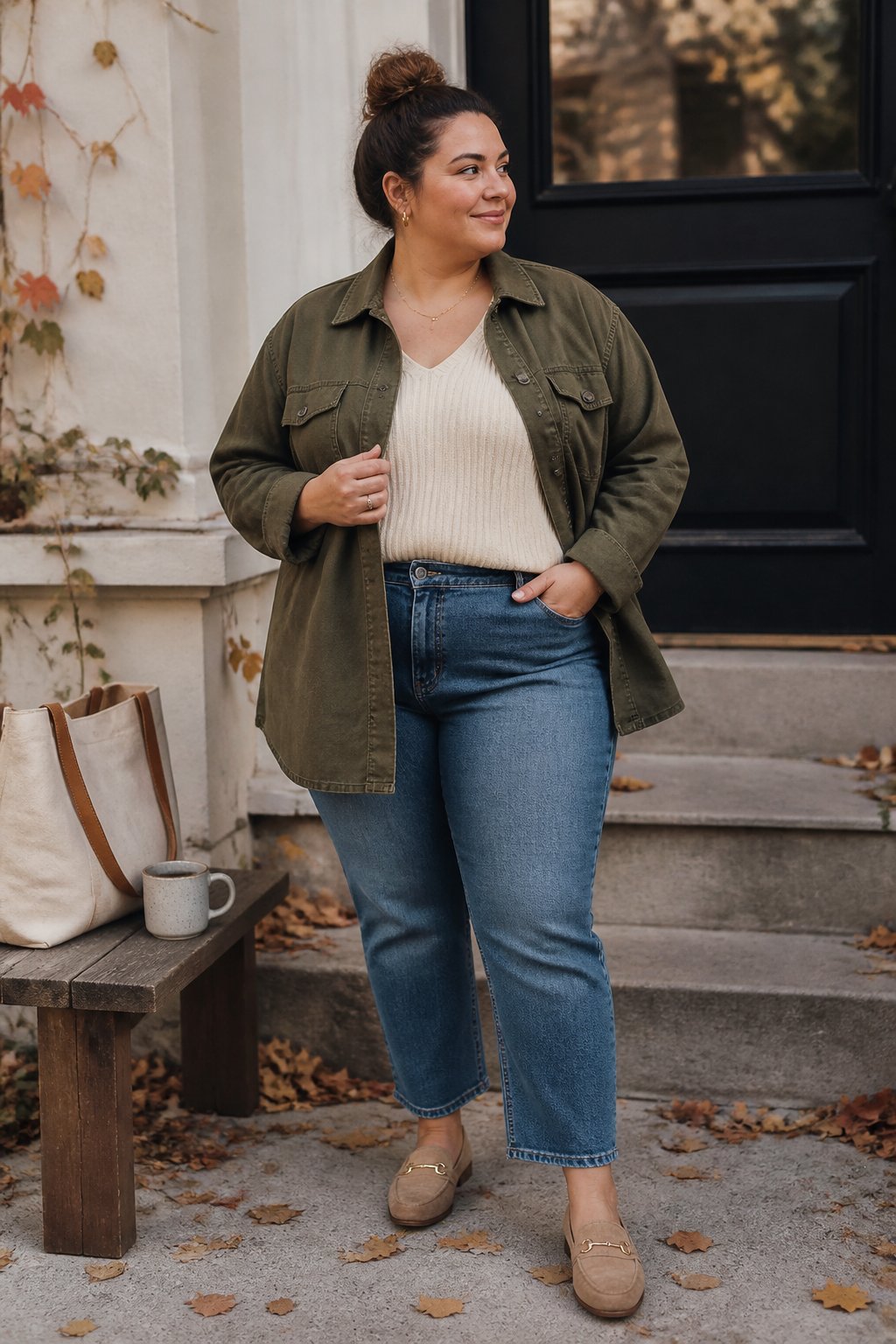 A plus-size woman wears a deep olive shacket over a cream knit top with blue jeans in a cozy autumn setting.
