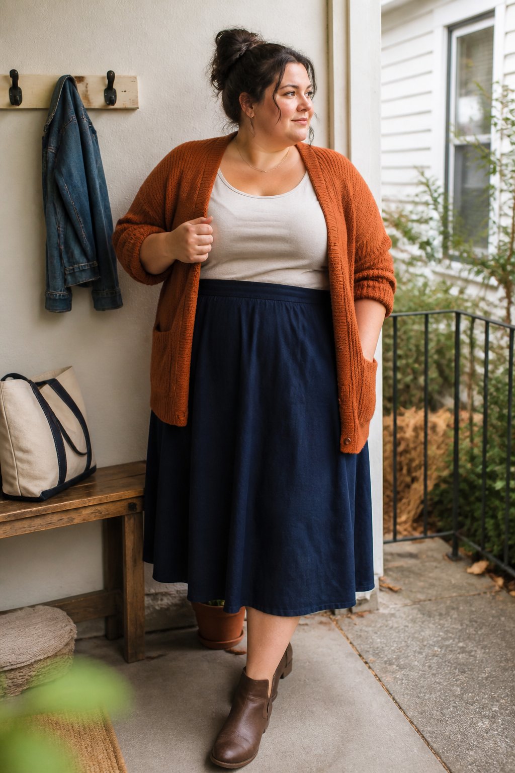 A plus-size woman wears a burnt-orange cardigan with a navy midi skirt in a softly lit autumn setting.