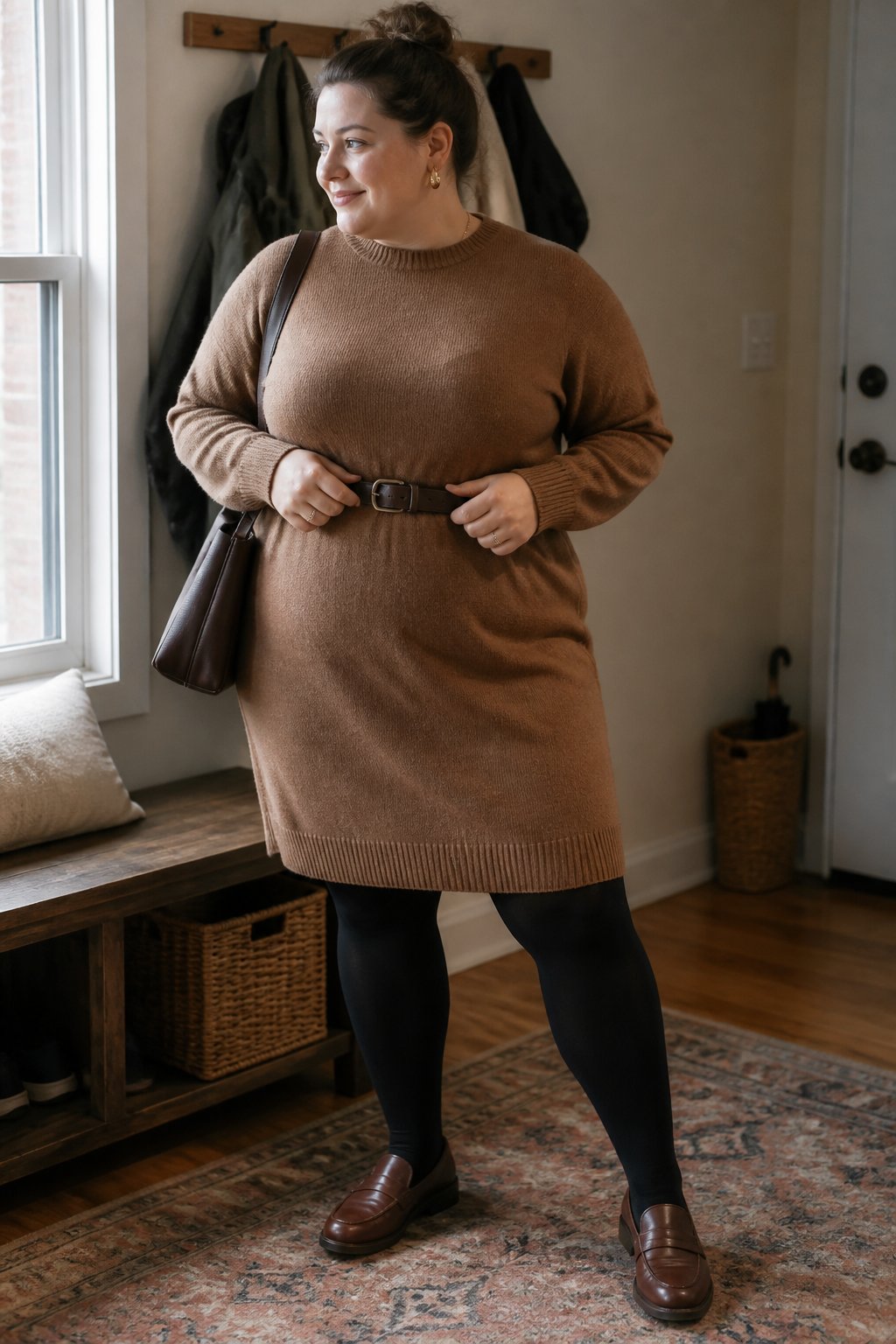 A plus-size woman wears a belted sweater dress, opaque tights, and loafers in a cozy autumn home setting.