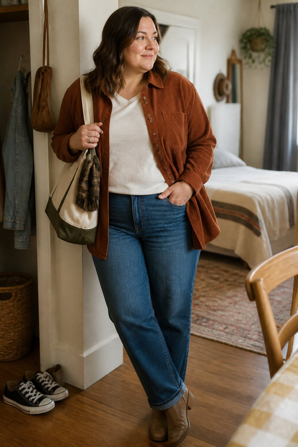 A plus-size person wears a corduroy overshirt, fitted tee, and straight-leg jeans in a casual autumn setting.