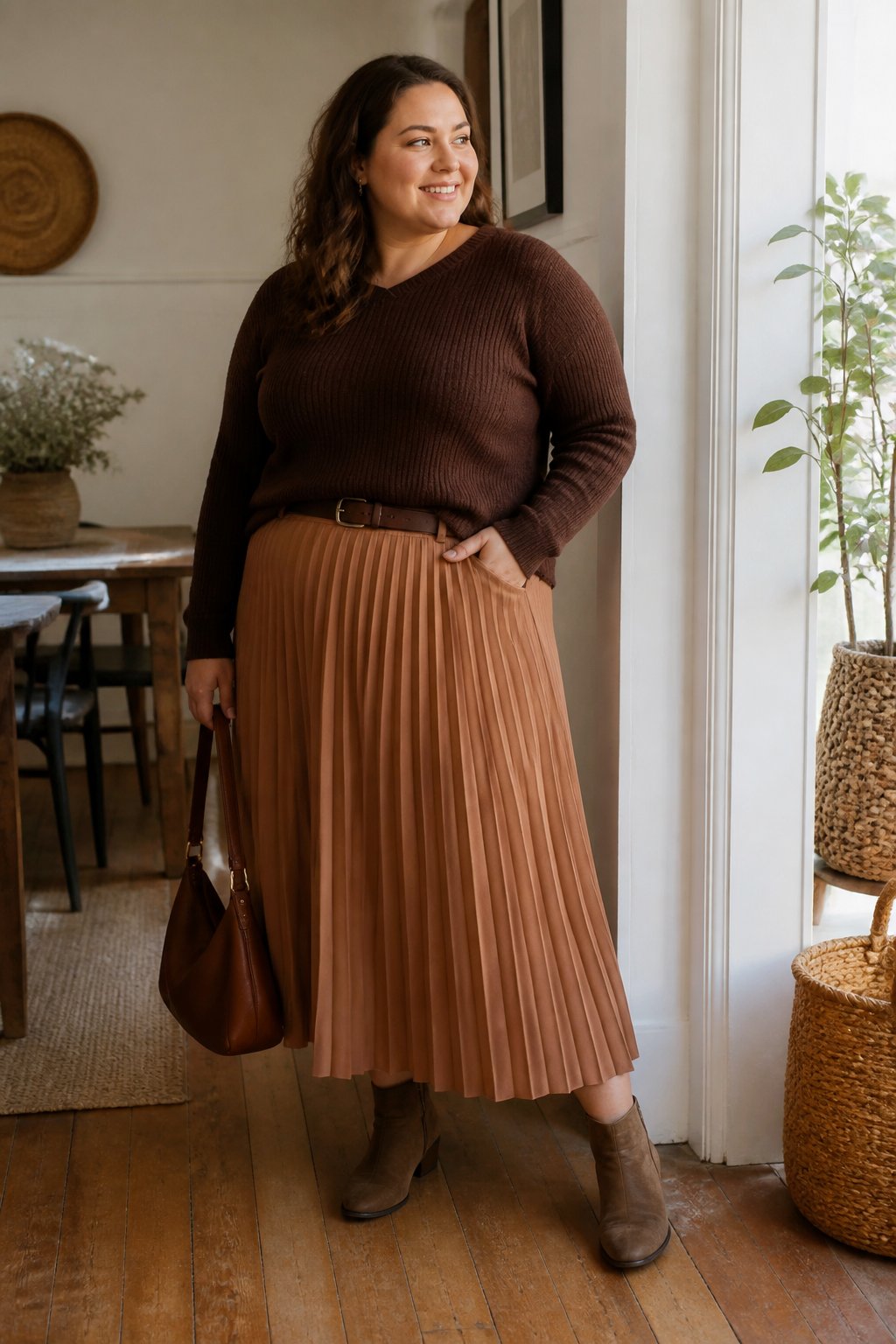 A plus-size woman wears a chocolate-brown knit top with a pleated midi skirt in a casual autumn setting.