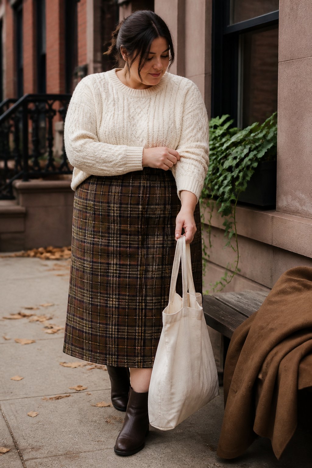 A plus-size woman wearing a cream cable-knit sweater, plaid skirt, and brown ankle boots in an autumn setting.
