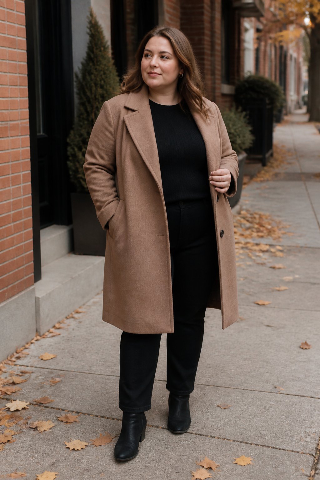 A plus-size woman wears a long wool coat over an all-black outfit on an autumn sidewalk.