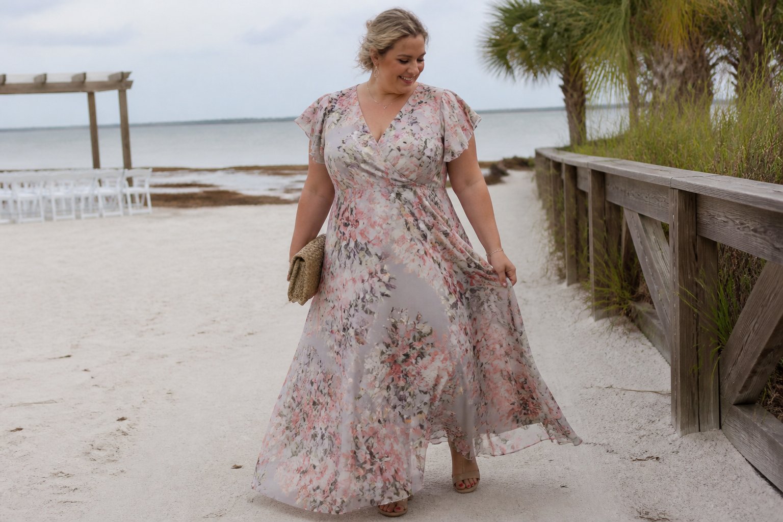 A plus-size woman in a floral chiffon maxi dress walks along a sunny beach near a simple wedding setting.