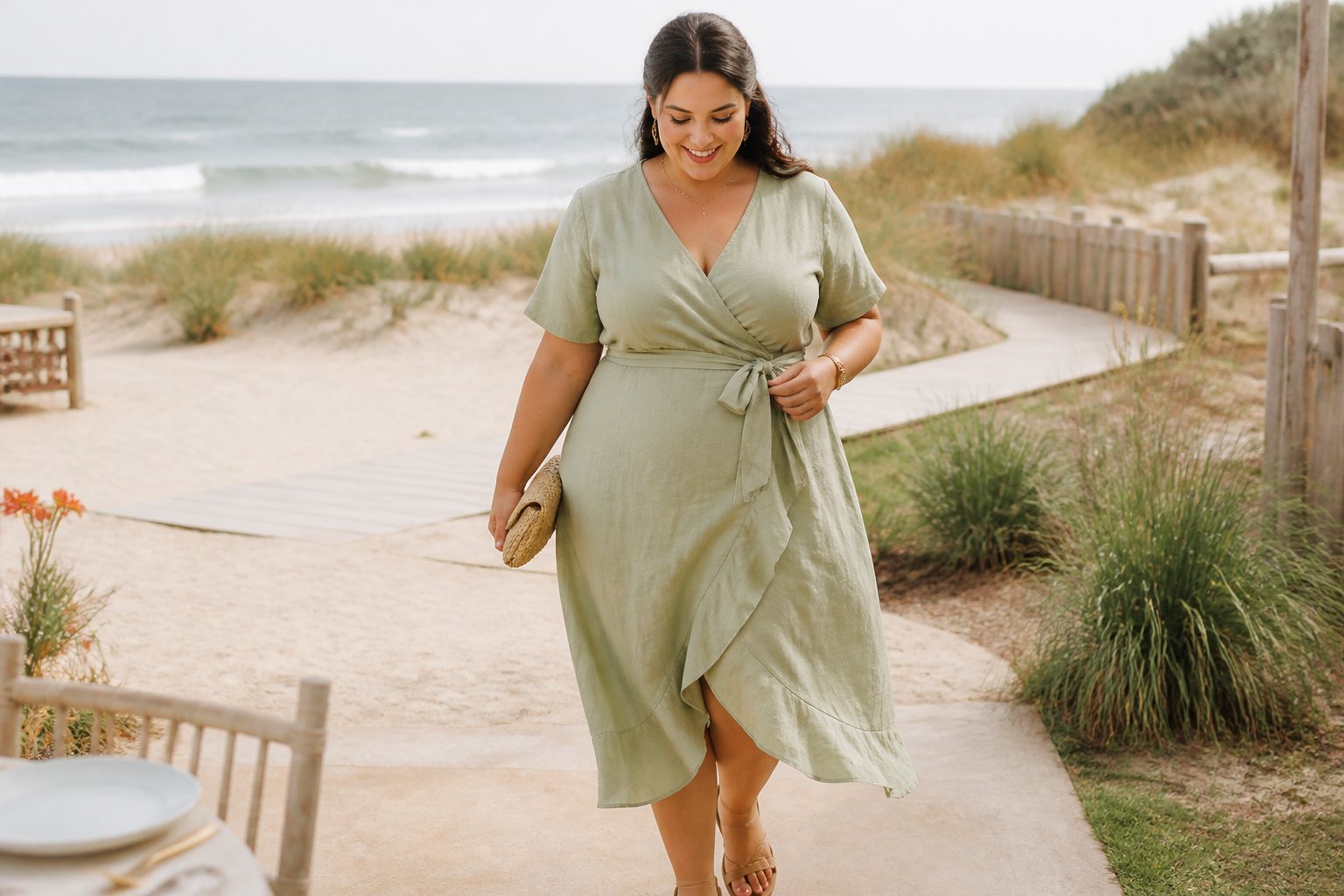 A plus-size woman in a linen wrap midi dress walks near a beach wedding setting.