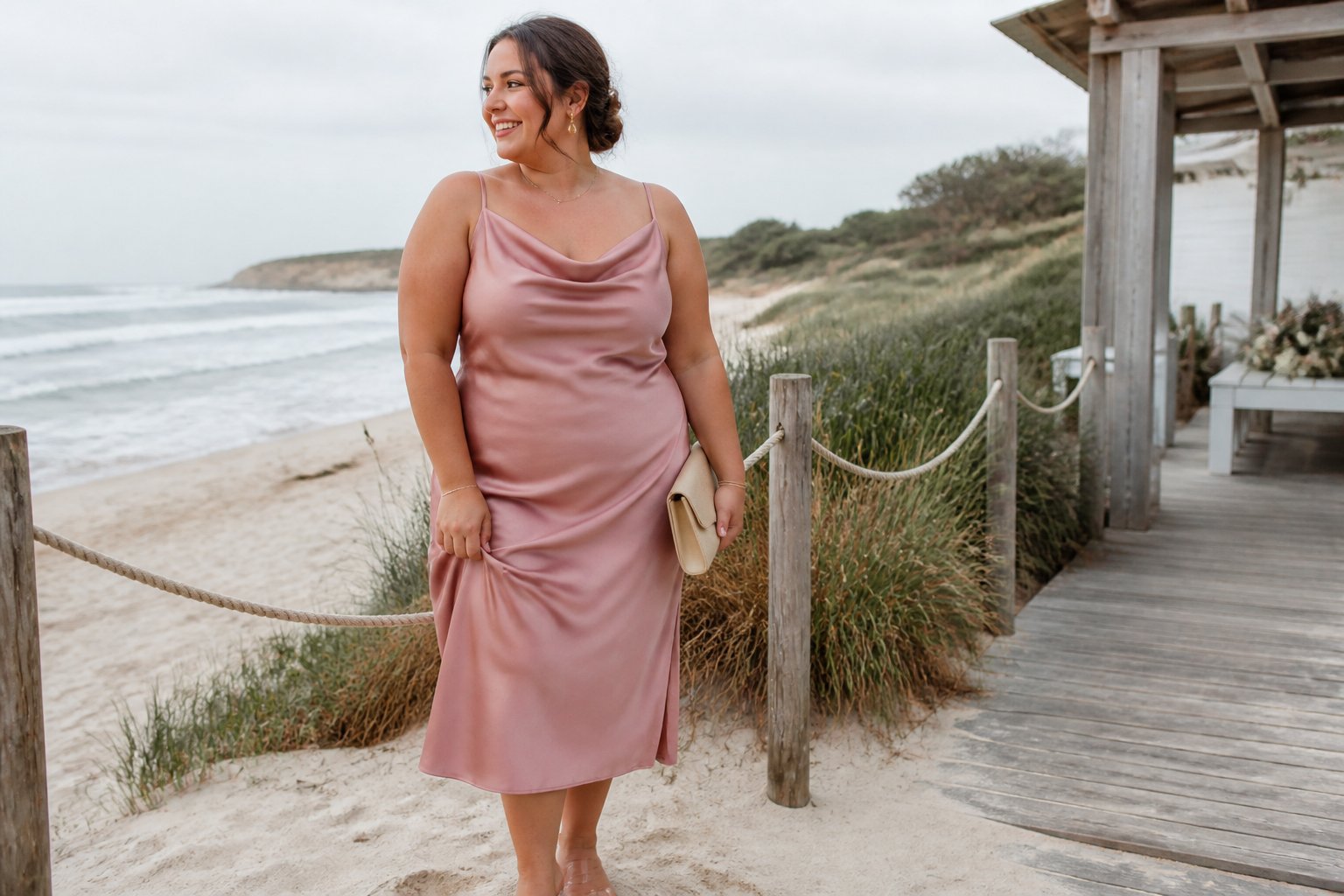 A plus-size woman in a satin cowl-neck midi dress stands near the beach with the ocean and sand behind her.