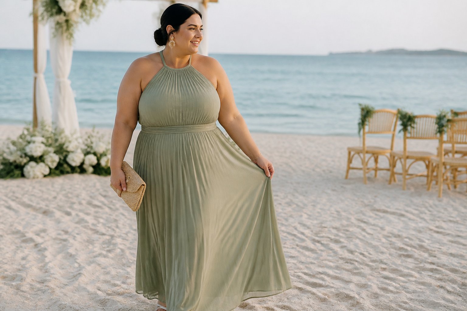 A plus-size woman in a pleated halter-neck maxi dress stands near a beach wedding setting.