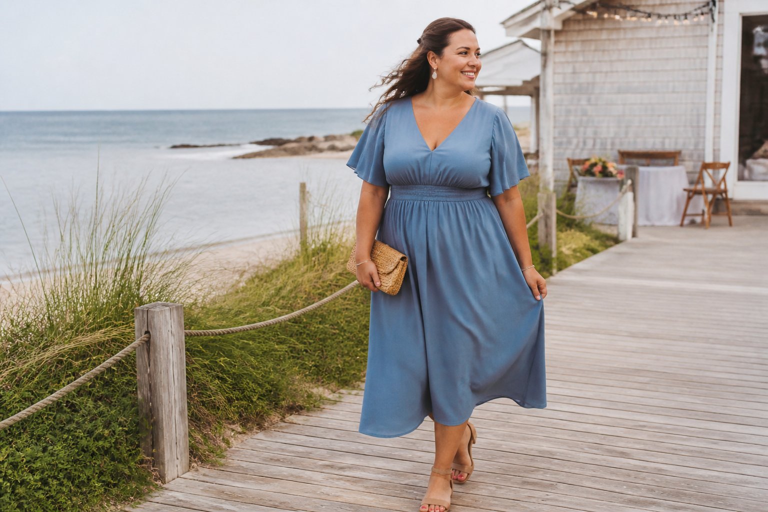 A plus-size woman in a flutter-sleeve midi dress walks beside a beach wedding venue with the ocean and dune grass behind her.