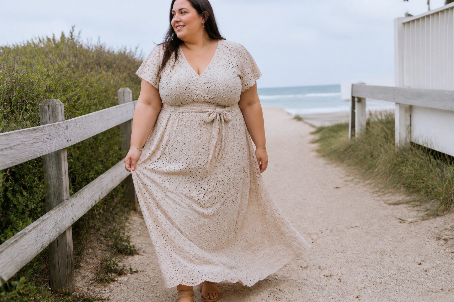 A plus-size woman wearing a belted eyelet-lace maxi dress walks along a sunny coastal path near the beach.